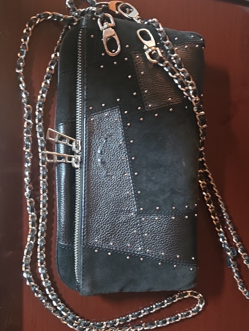 Zadig & Voltair Black Studded Clutch/ Crossbody Bag with Silver Chain